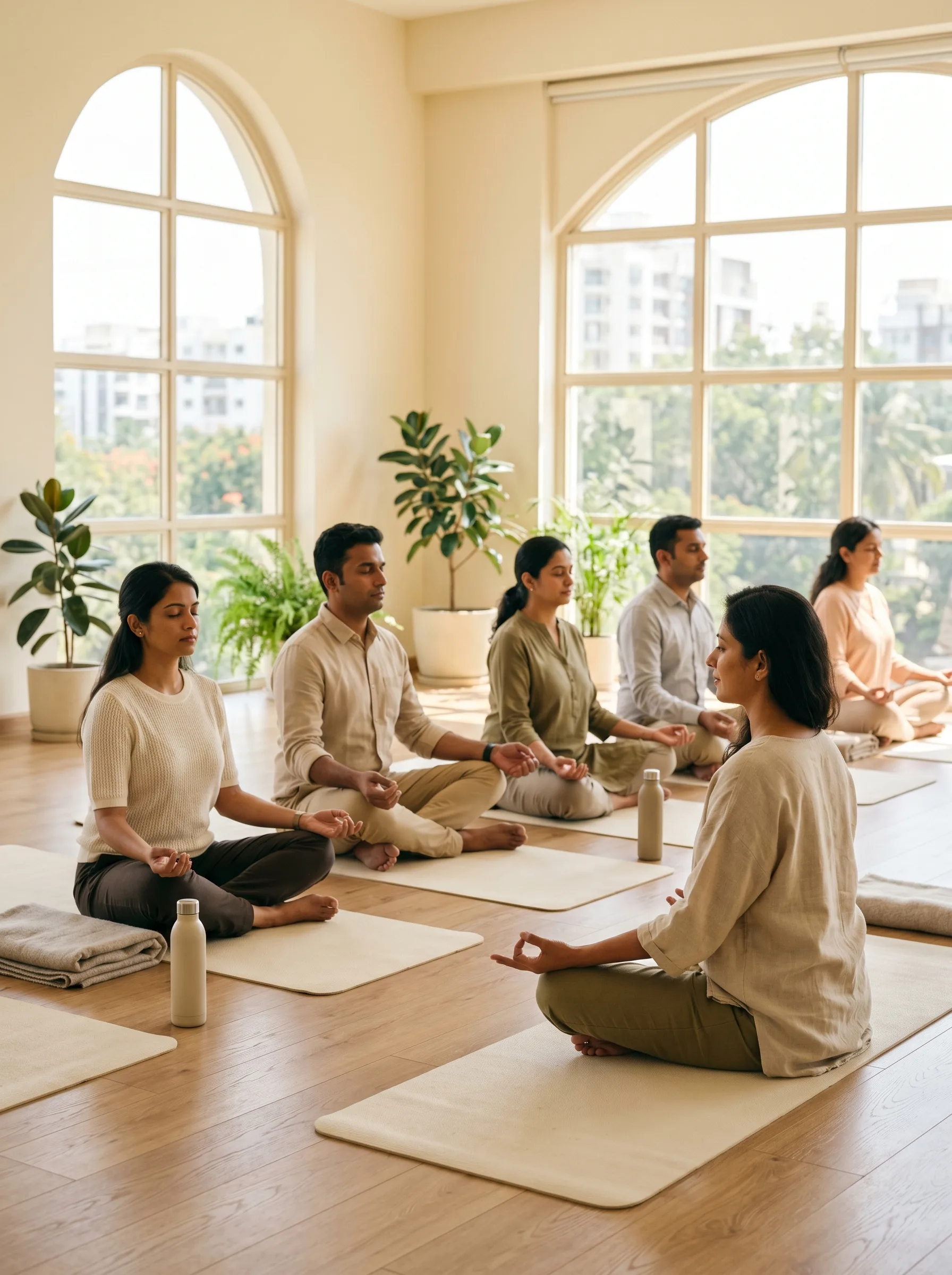 A corporate wellness yoga session in a cream studio