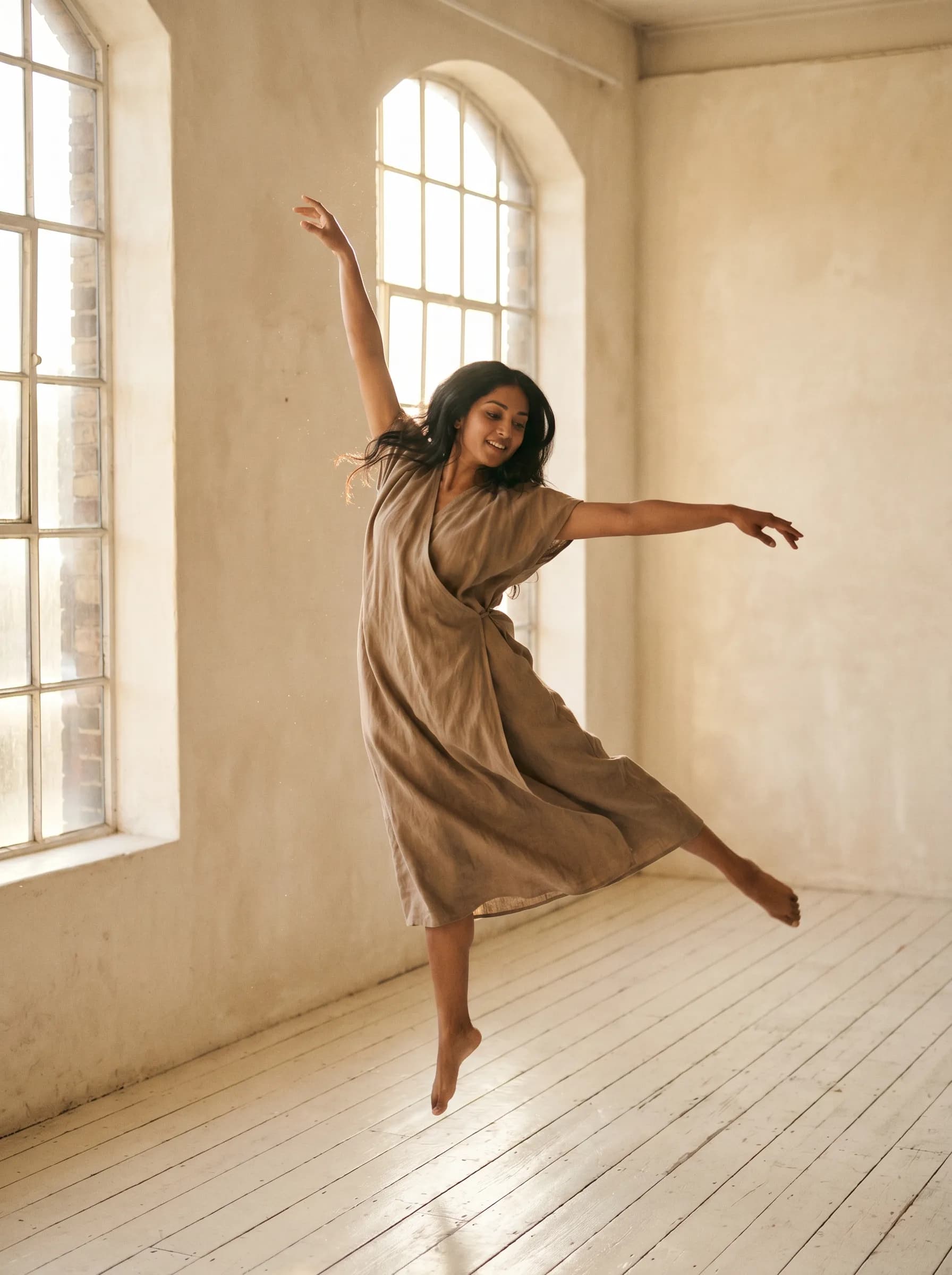 A dancer mid-leap in a sunlit studio