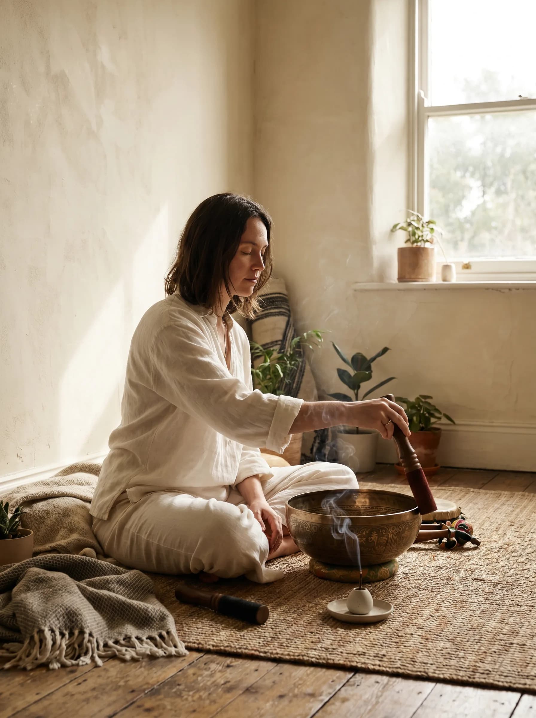 Sound healing with a bronze singing bowl