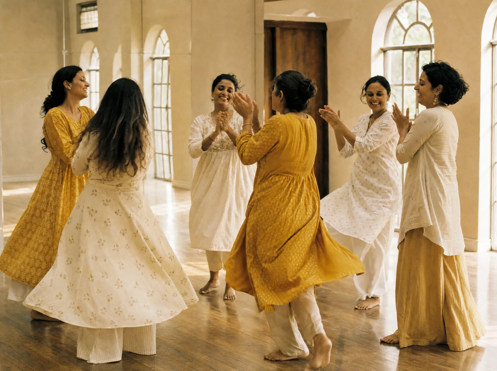 A group of women mid-routine in a sunlit dance studio