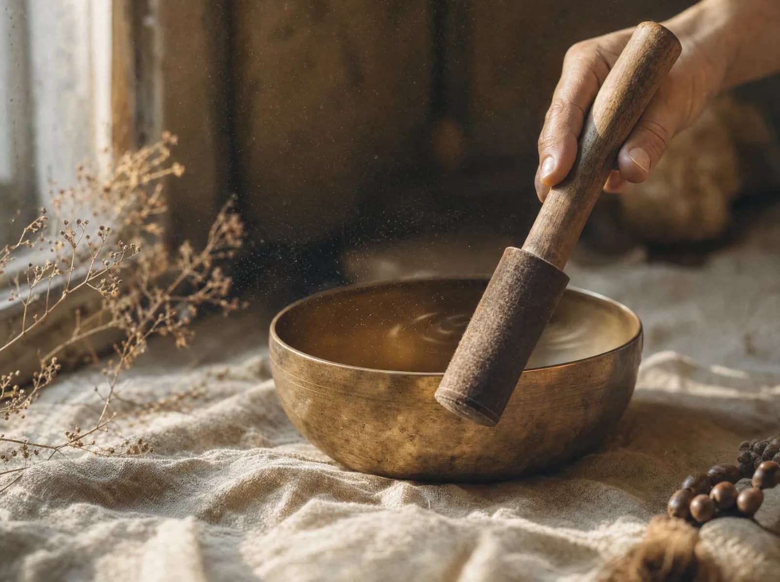 A bronze singing bowl with mallet on a cream linen cloth