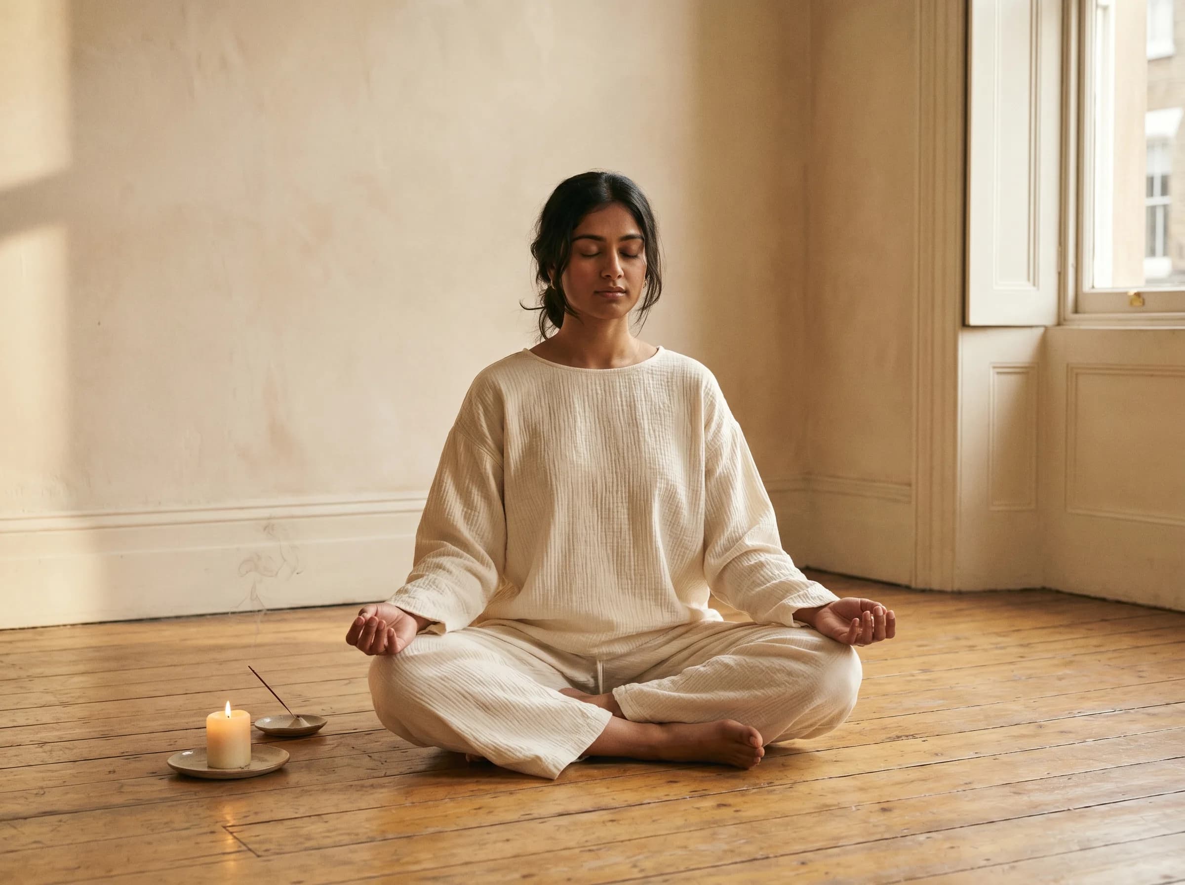 Seated meditation in a cream studio