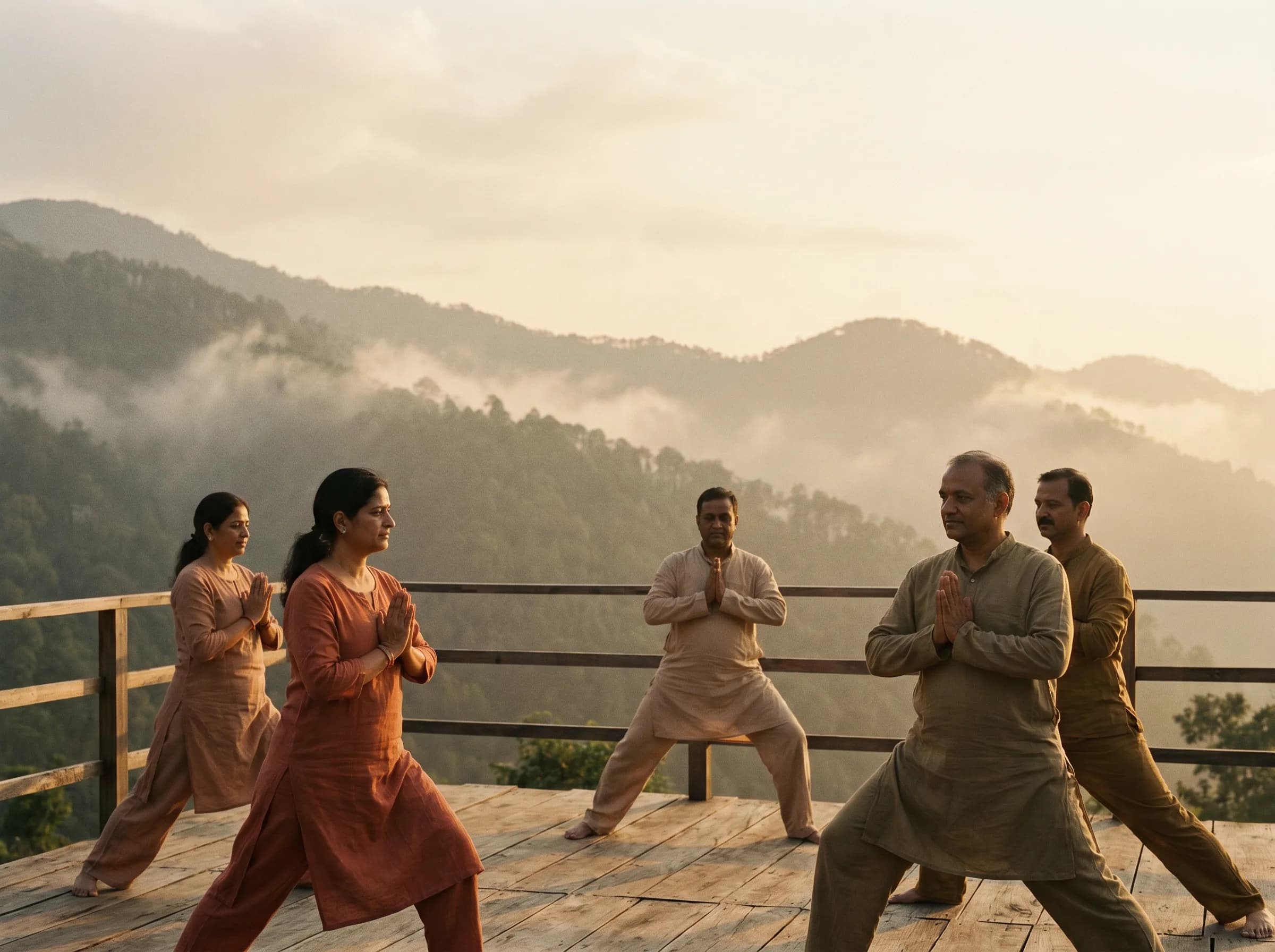 A wellness retreat at golden hour in the Himalayan foothills